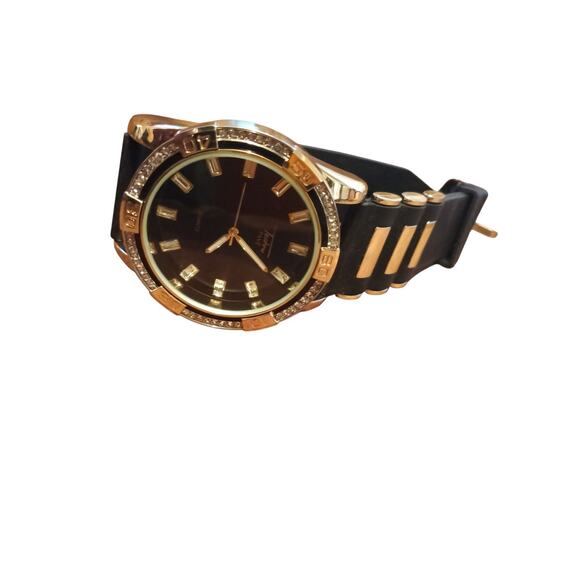 Men's Gold/Bling Finish Techno Pave No. 8321 Black Silicon Band Watch New - Picture 1 of 6